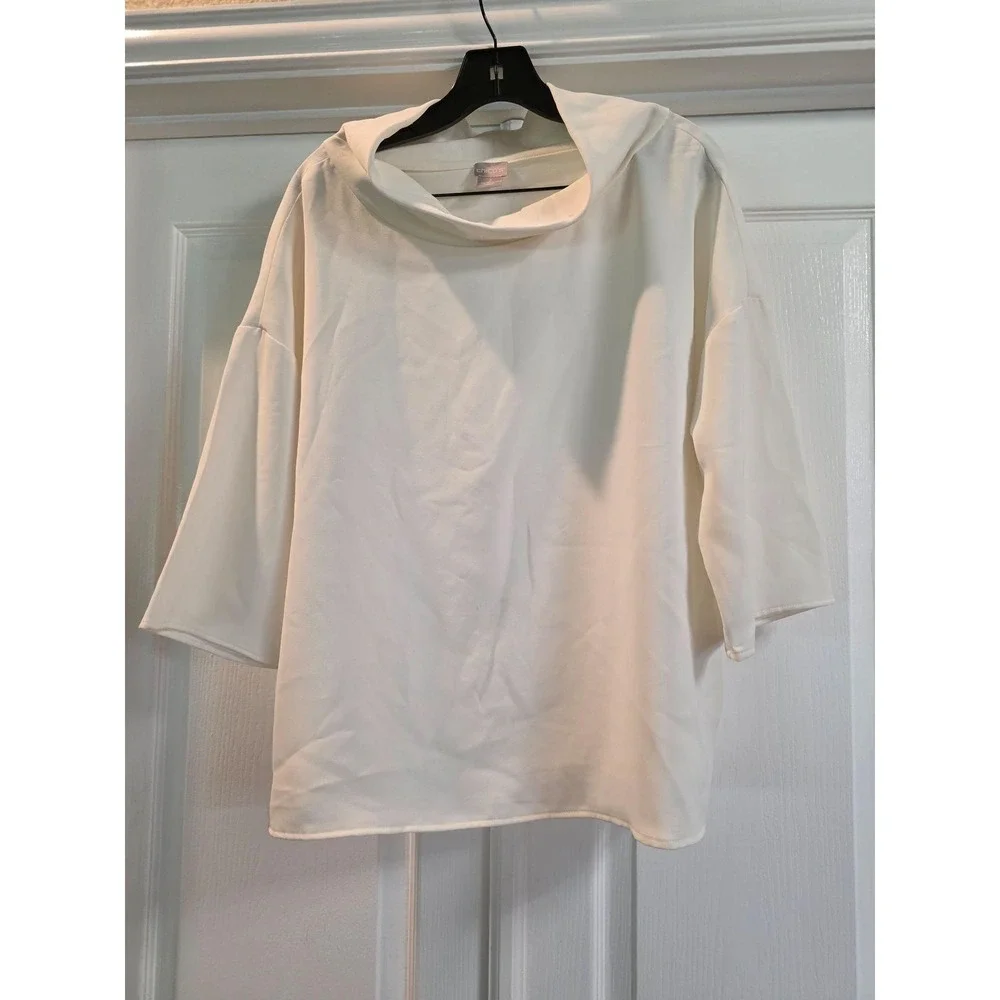 Chico's Shirt Womens 2 White Cowl Neck 3/4 Sleeve Solid Relaxed Fit Tunic Top